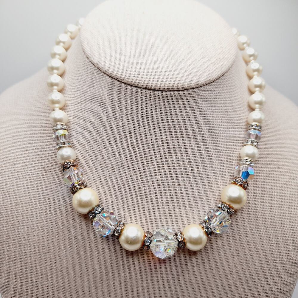 Artisan AB Crystal & Pearl Necklace 17 Inch Bridal Wedding Rhinestone Spacers